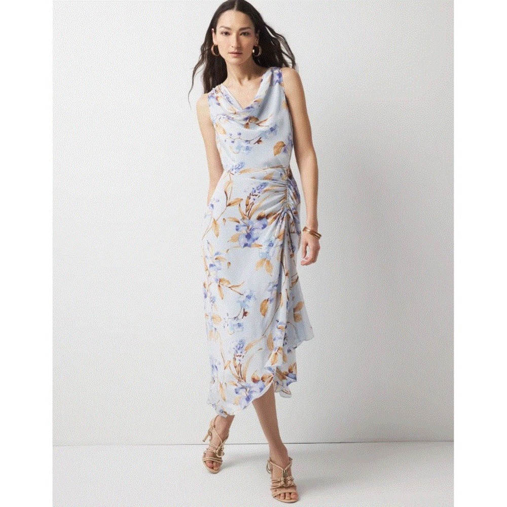 White House Black Market WHBM Purple Floral Cowl Ruched Midi Dress 6 570383138